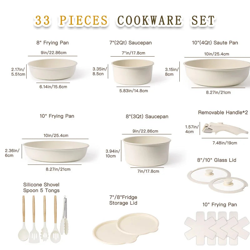 33PCS Ceramic Cookware Set with Removable Handles