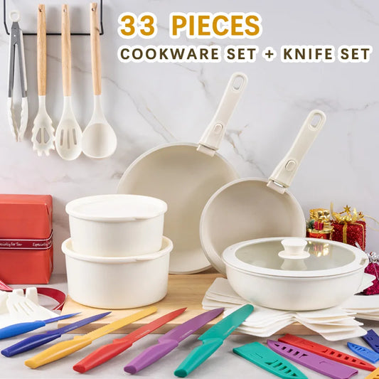 33PCS Ceramic Cookware Set with Removable Handles