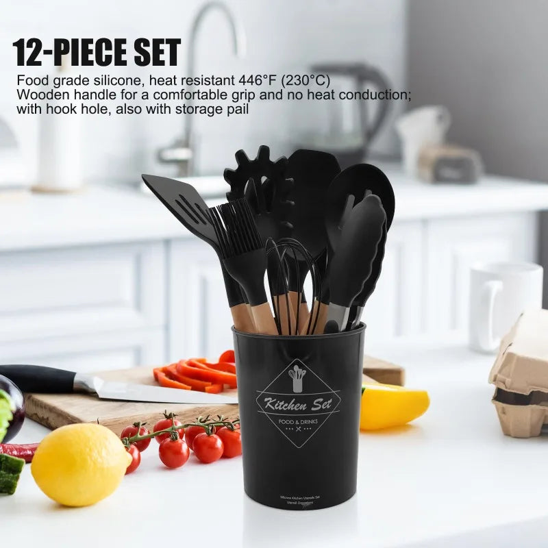 12 Silicone Kitchen Utensils With Wood Handle