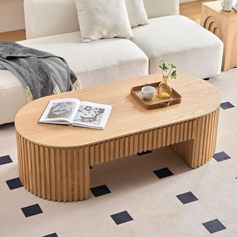 52"W Modern Fluted Drum Coffee Table with Drawer