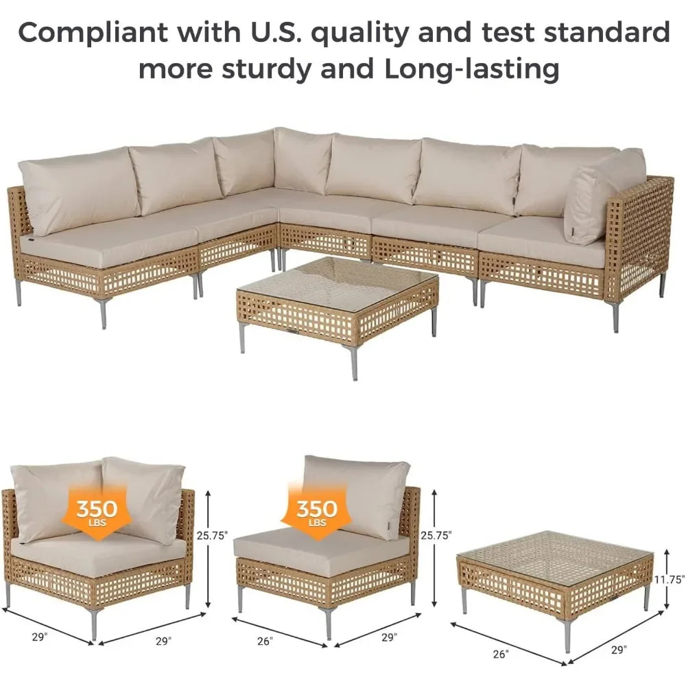7-Piece Wicker Patio Furniture Set, All-Weather Boho Outdoor Conversation Set Sectional Sofa with Cushions and Coffee Table