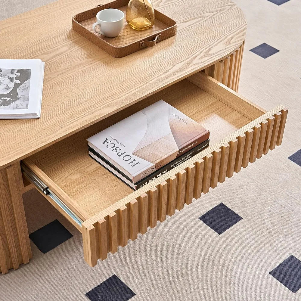 52"W Modern Fluted Drum Coffee Table with Drawer