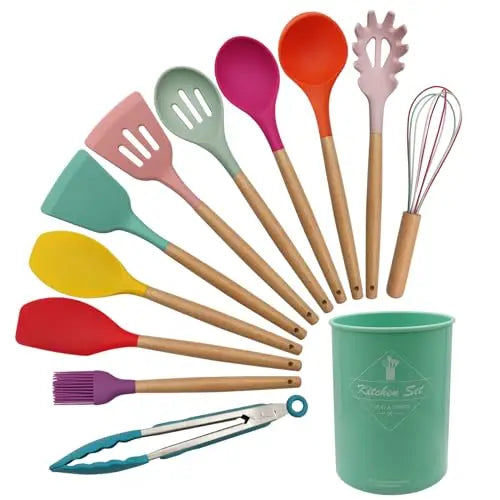 12 Silicone Kitchen Utensils With Wood Handle
