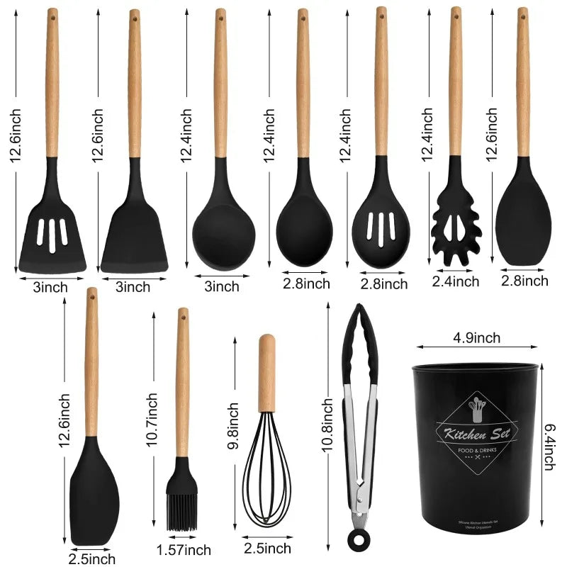 12 Silicone Kitchen Utensils With Wood Handle