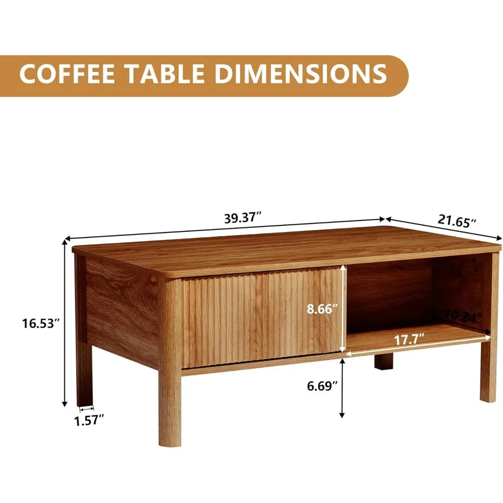 Mid-Century Rectangular Wood Coffee Table Dual Storage