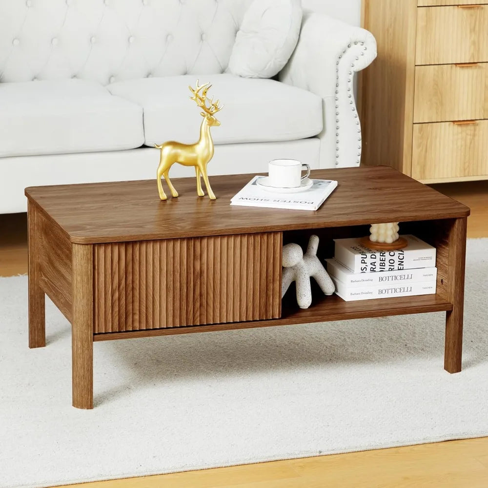 Mid-Century Rectangular Wood Coffee Table Dual Storage