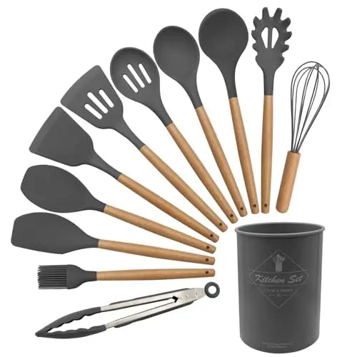 12 Silicone Kitchen Utensils With Wood Handle