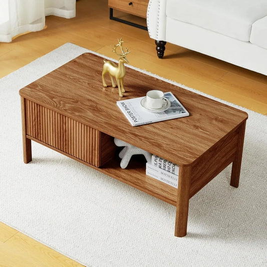 Mid-Century Rectangular Wood Coffee Table Dual Storage