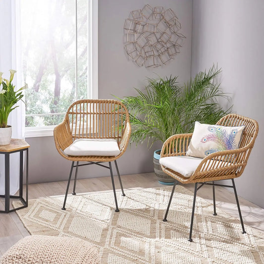 2 Indoor Woven Faux Rattan Chairs with Cushions
