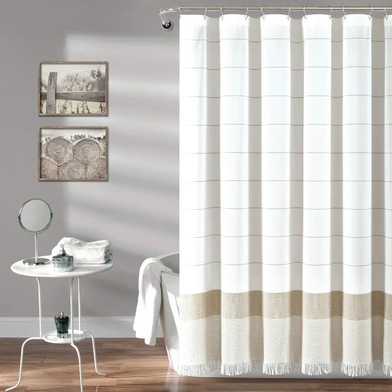 White Woven Cotton Shower Curtain with Tassels