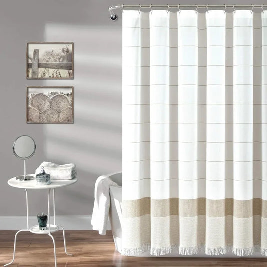White Woven Cotton Shower Curtain with Tassels