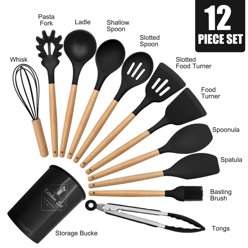 12 Silicone Kitchen Utensils With Wood Handle