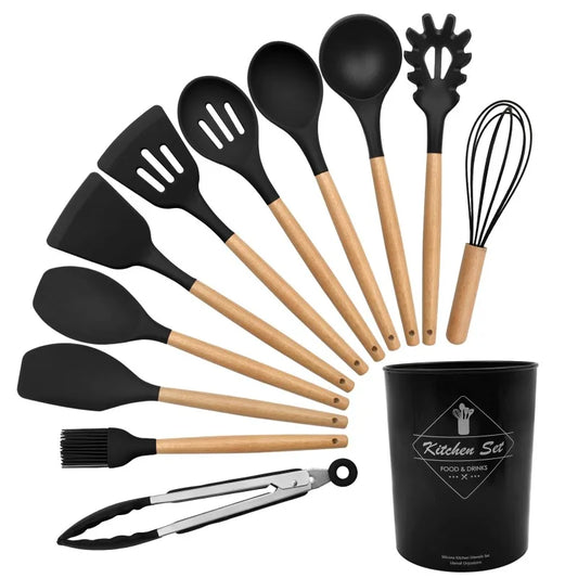 12 Silicone Kitchen Utensils With Wood Handle