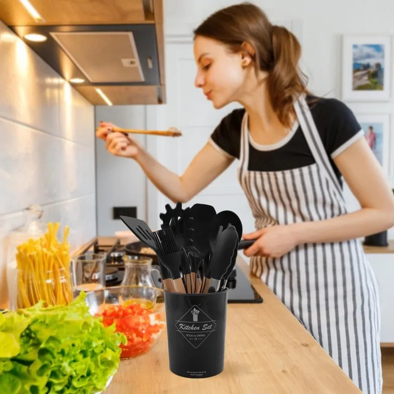 12 Silicone Kitchen Utensils With Wood Handle