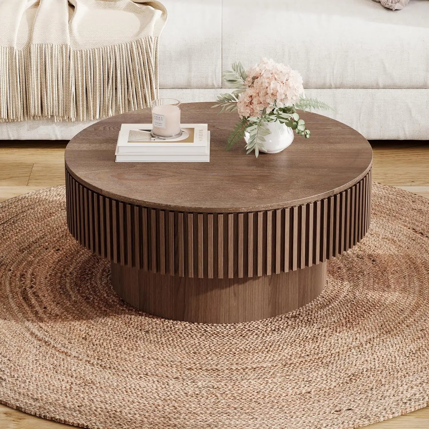 32" Modern Round Veneered Coffee Table with Storage