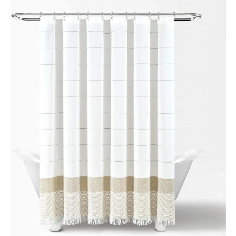 White Woven Cotton Shower Curtain with Tassels