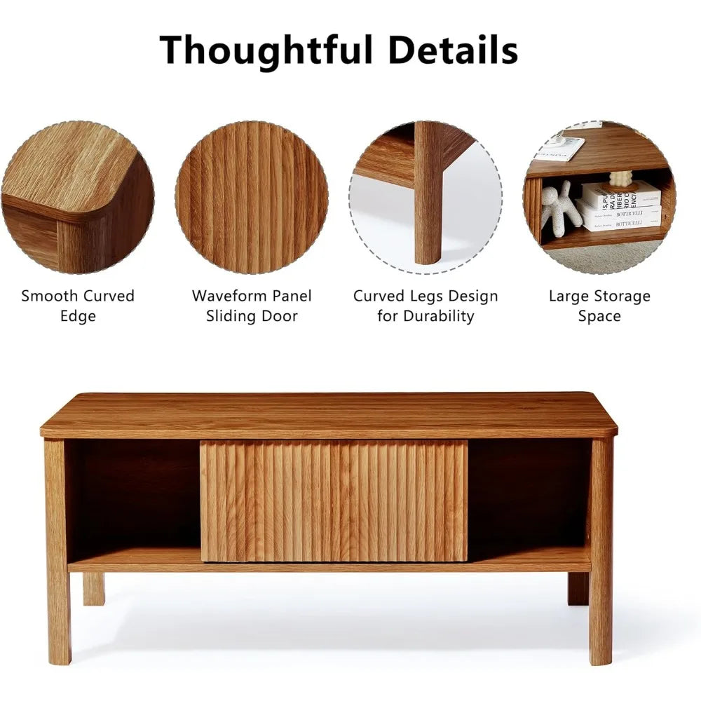 Mid-Century Rectangular Wood Coffee Table Dual Storage
