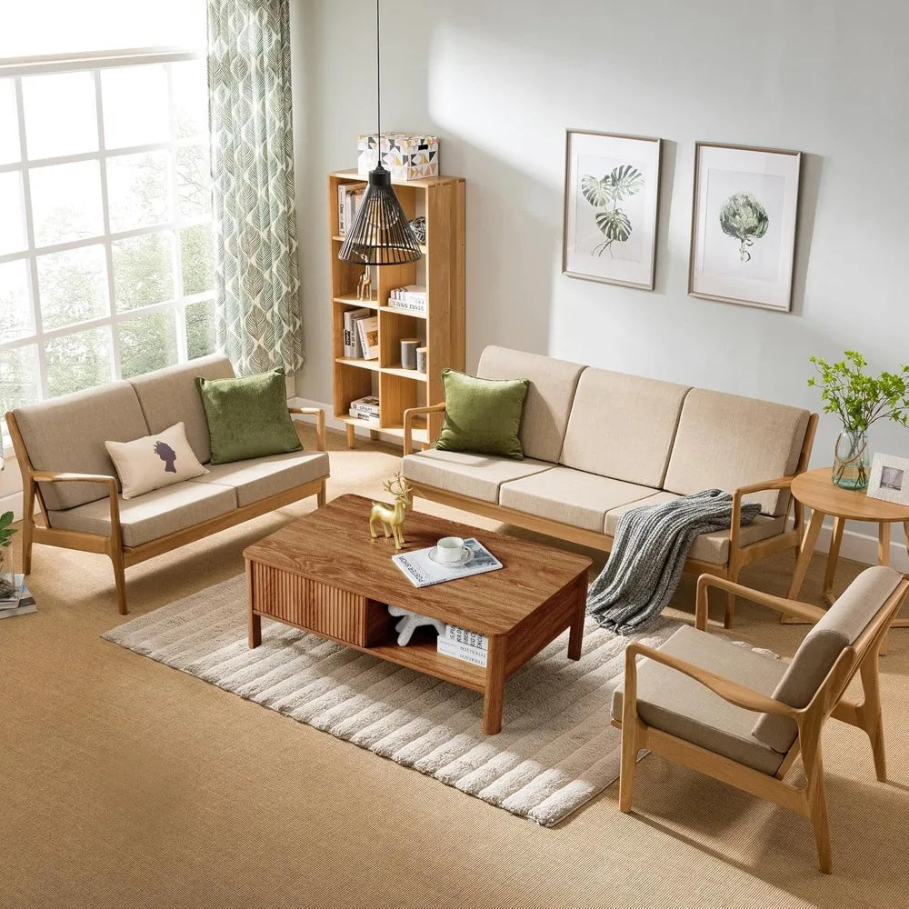 Mid-Century Rectangular Wood Coffee Table Dual Storage
