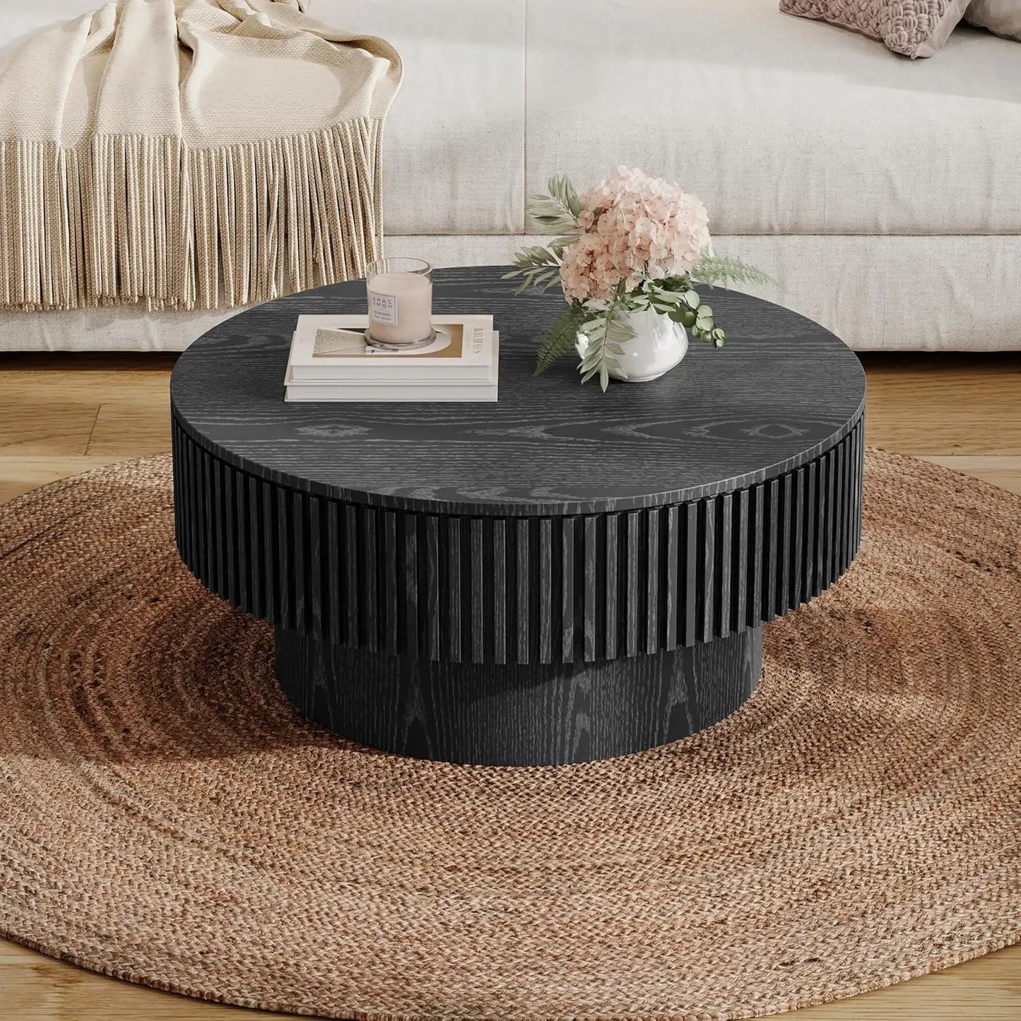 32" Modern Round Veneered Coffee Table with Storage