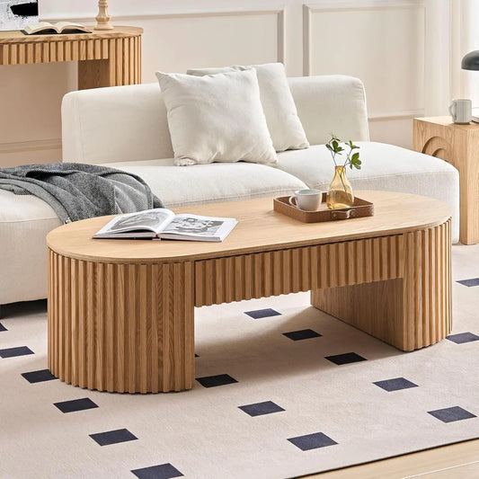 52"W Modern Fluted Drum Coffee Table with Drawer