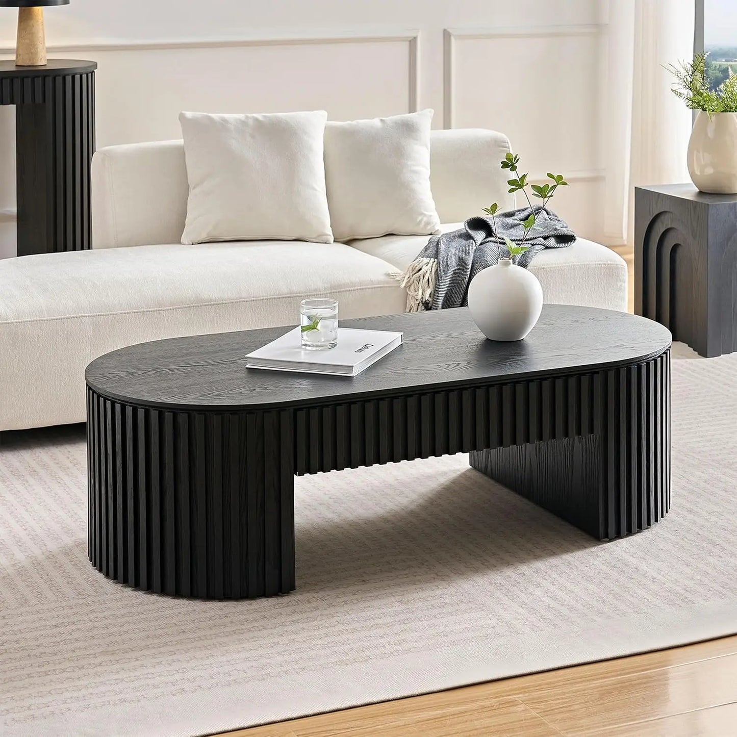 52"W Modern Fluted Drum Coffee Table with Drawer