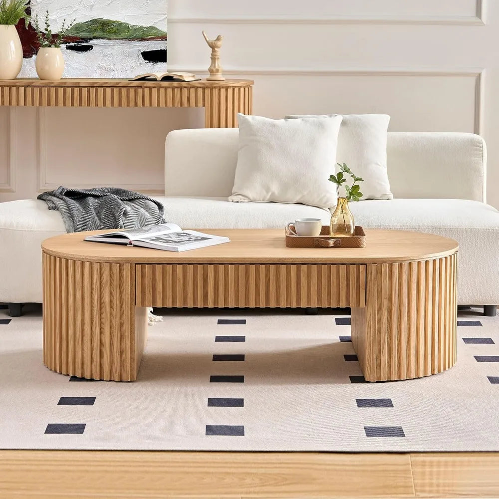 52"W Modern Fluted Drum Coffee Table with Drawer