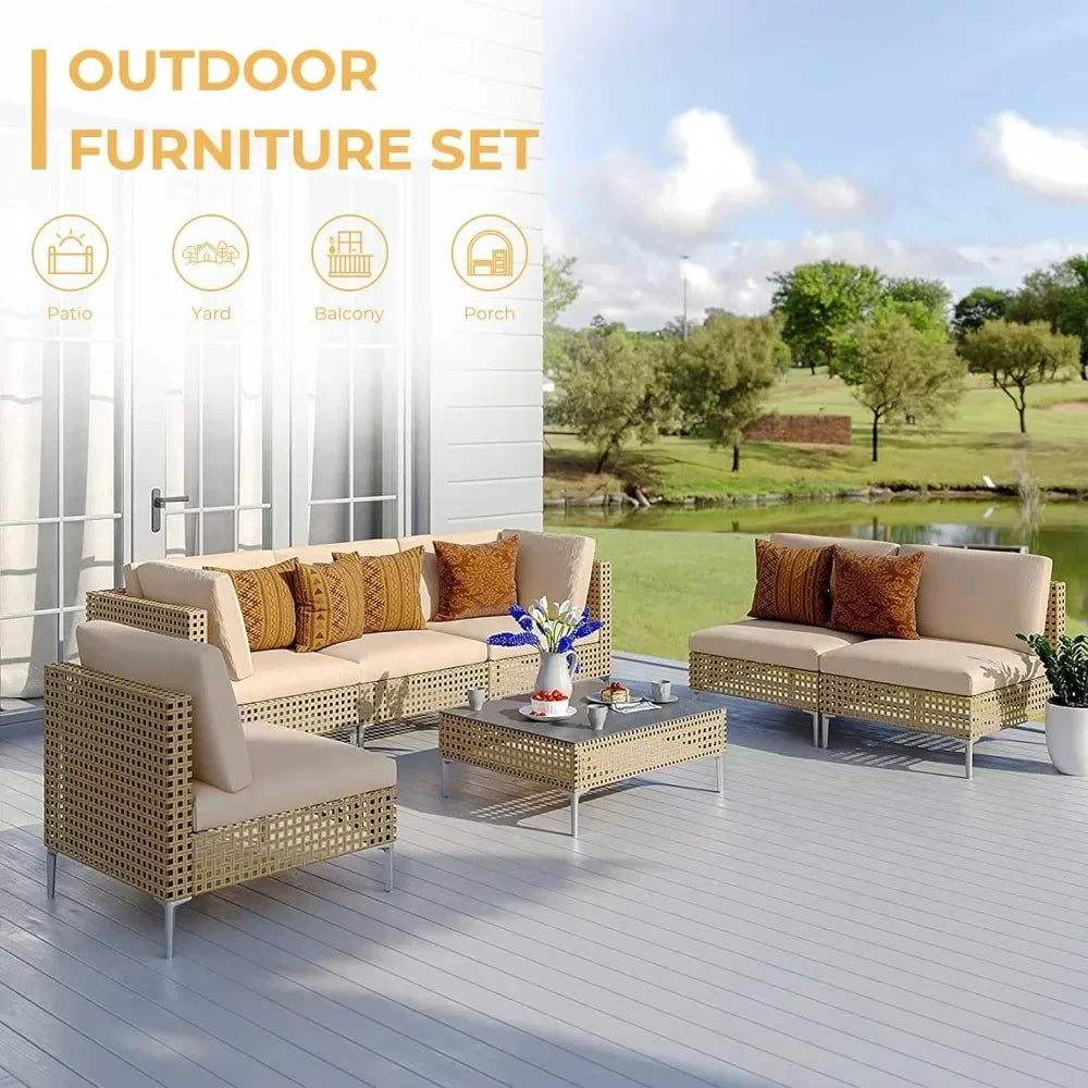 7-Piece Wicker Patio Furniture Set, All-Weather Boho Outdoor Conversation Set Sectional Sofa with Cushions and Coffee Table